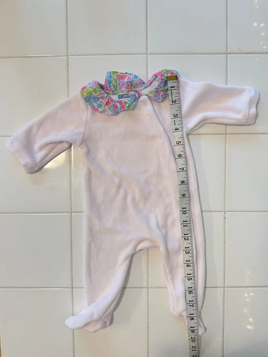 Jacadi Paris Baby Girl 3mo Pale Pink Velour Footed Onsie Floral Ruffle Collar - Picture 11 of 11